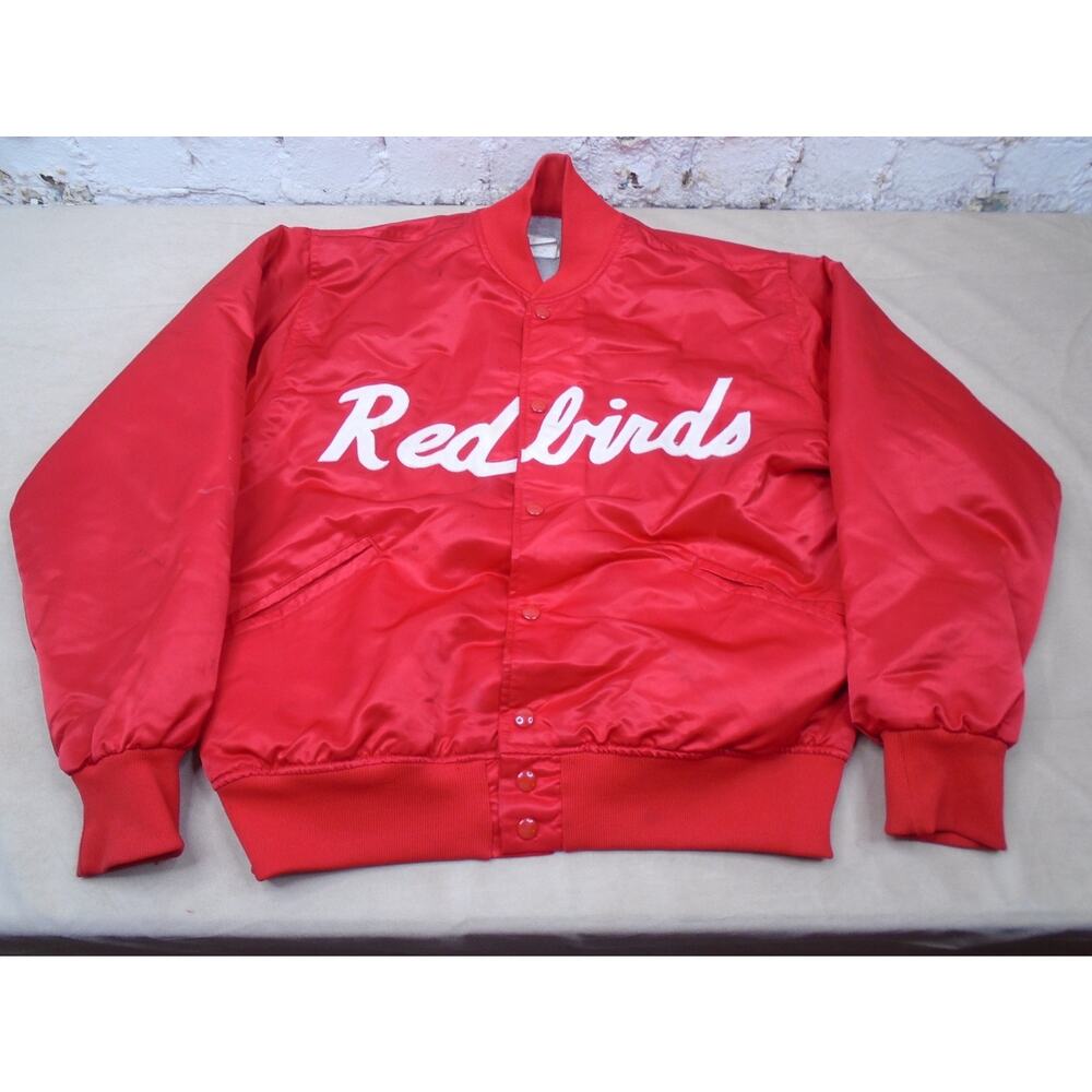 Vintage 60s Felco Illinois State Redbirds Red Satin Bomber Jacket Stitched Large